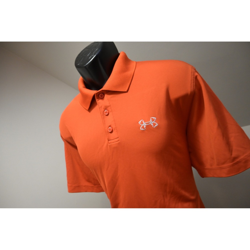 Under Armour Fish Polo Shirt Mens Large Orange HeatGear Fish Hook Logo Excellent